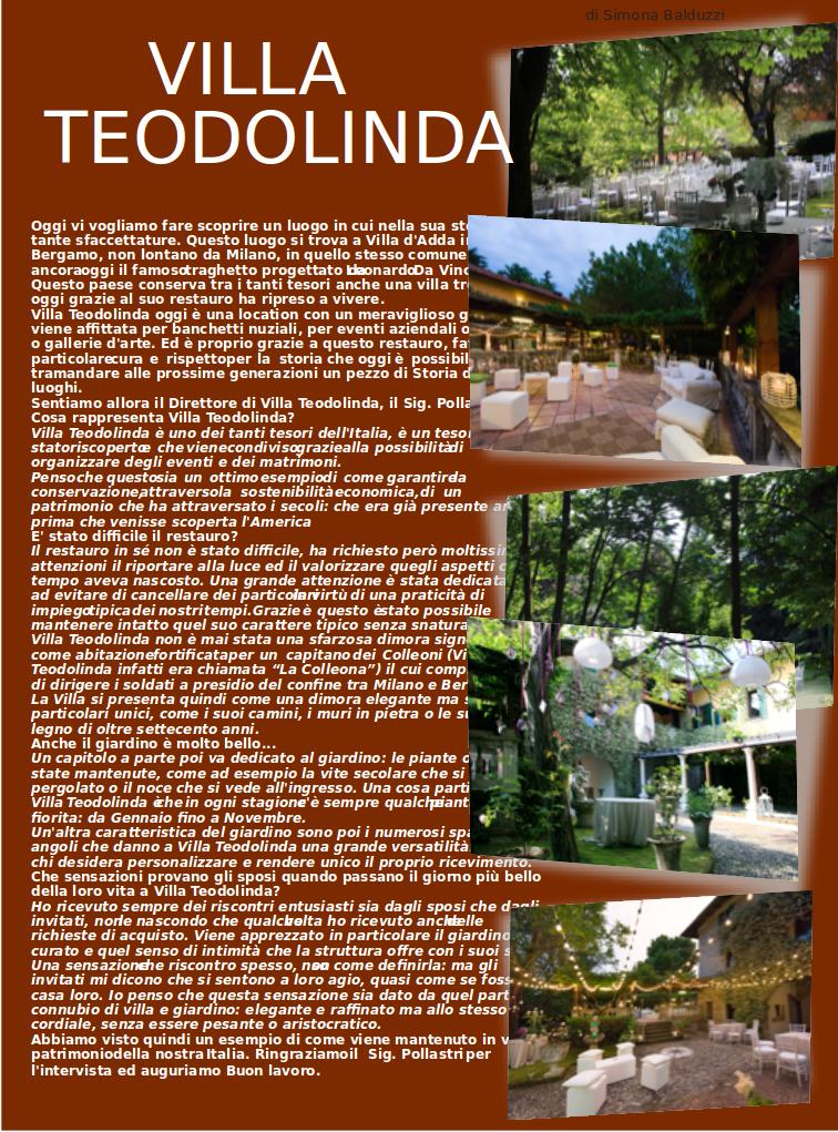 Articolo del 2012 sulla rivista Dentro Milano sulla location Villa Teodolinda